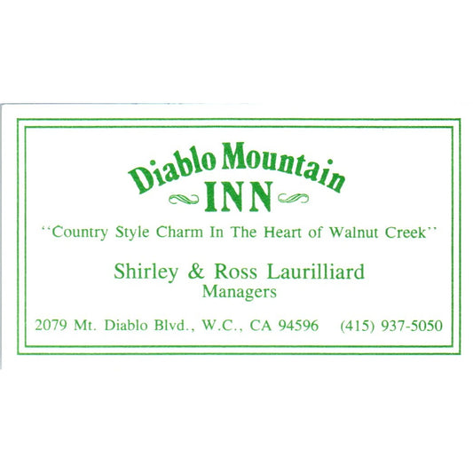 Diablo Mountain Inn Shirley & Ross Laurilliard Walnut Creek Business Card SE3-B1
