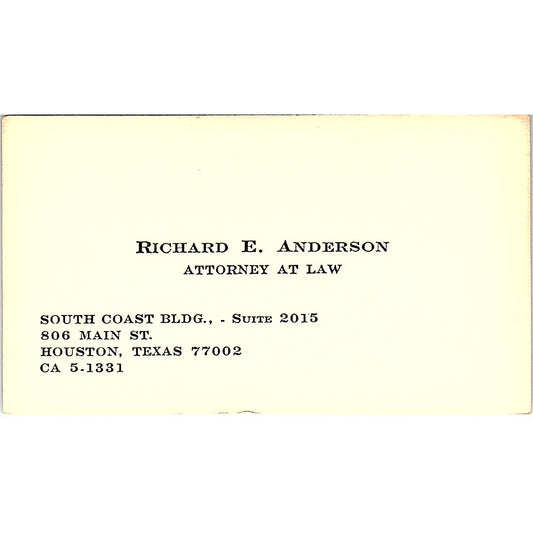 Richard E Anderson Attorney Houston TX Vintage Business Card SE3-B12