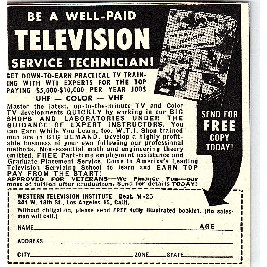 Western Television Institute Los Angeles - Learn TV Repair 1955 Ad AF9-M3