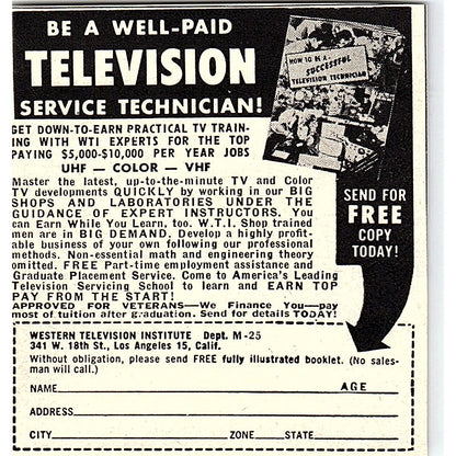 Western Television Institute Los Angeles - Learn TV Repair 1955 Ad AF9-M3