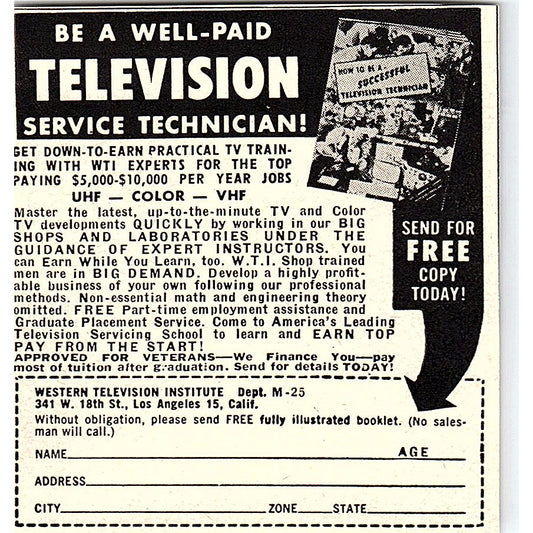 Western Television Institute Los Angeles - Learn TV Repair 1955 Ad AF9-M3
