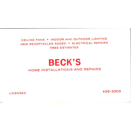 Beck's Home Installation & Repairs Vintage Business Card SD8-B3