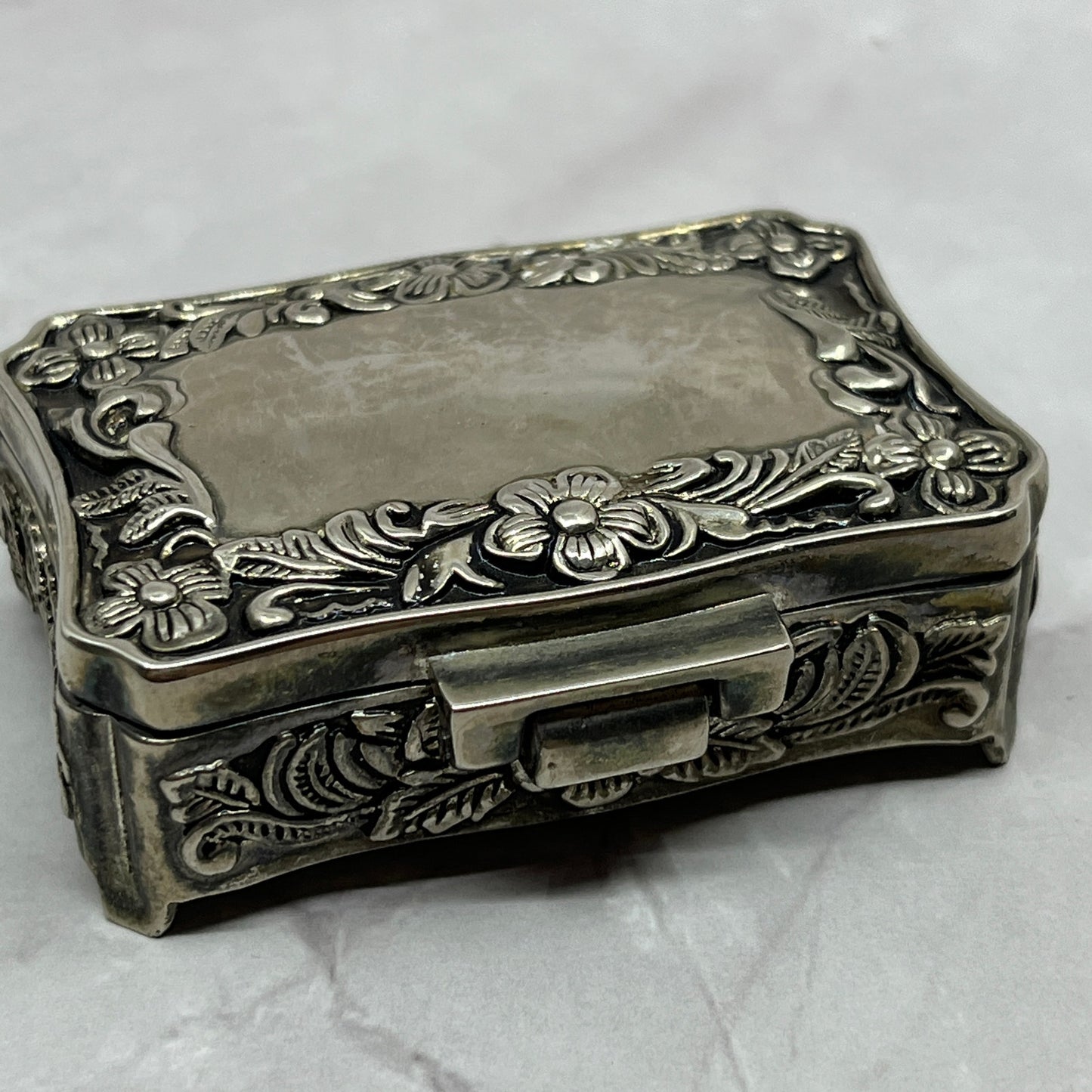 Vintage Art Nouveau Metal Trinket Jewelry Box Black Velvet SC1