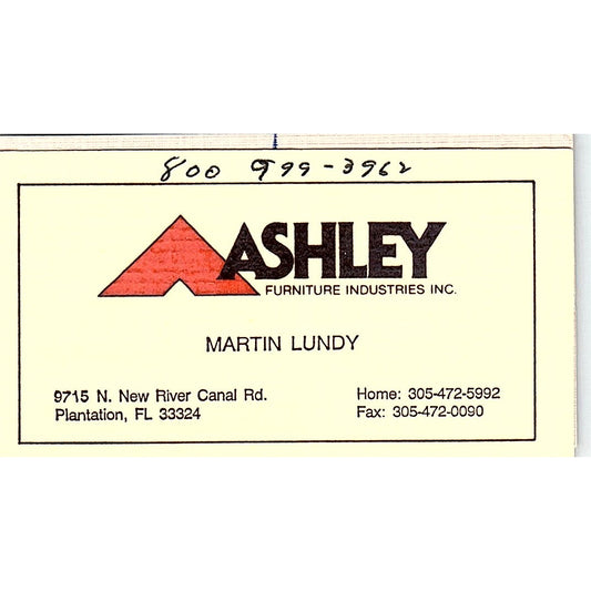 Martin Lundy Ashley Furniture Plantation FL Vintage Business Card SC9-B7