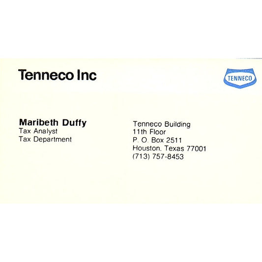 Maribeth Duffy Tax Analyst Tenneco Inc Houston TX Vintage Business Card SB4-B1