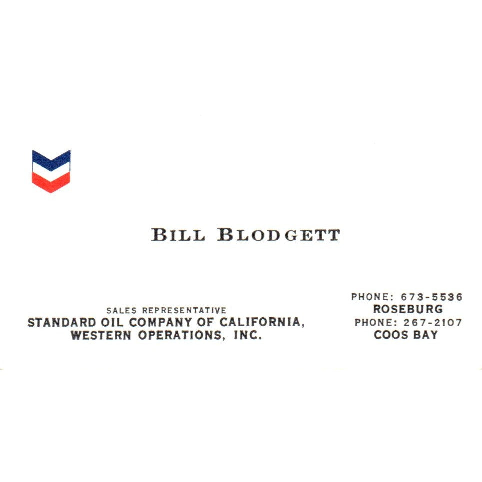 Bill Blodgett Coos Bay Standard Oil Of California Vintage Business Card SD8-B21