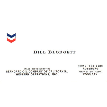 Bill Blodgett Coos Bay Standard Oil Of California Vintage Business Card SD8-B21