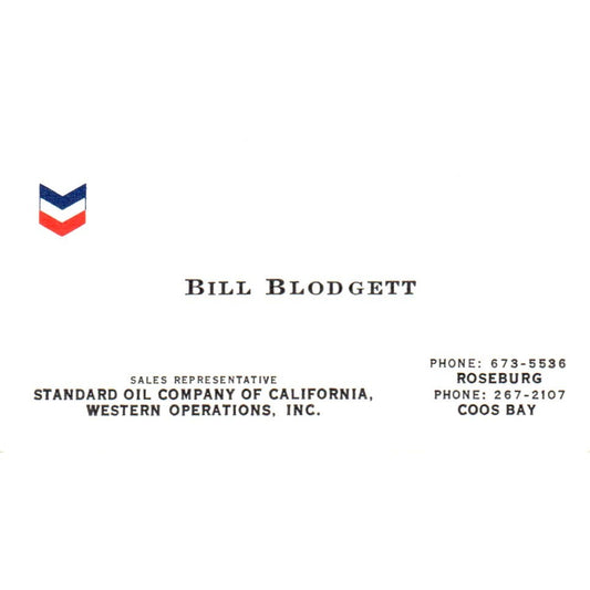 Bill Blodgett Coos Bay Standard Oil Of California Vintage Business Card SD8-B21