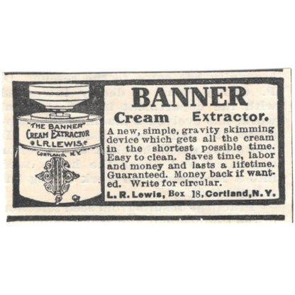 Banner Cream Extractor L.R. Lewis Cortland NY 1905 Magazine Ad AF1-NES2