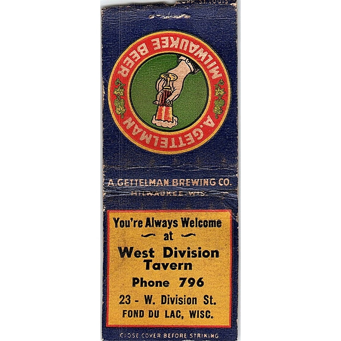 West Division Tavern Fond Du Lac WI Vintage Matchbook Cover SC7-Y5