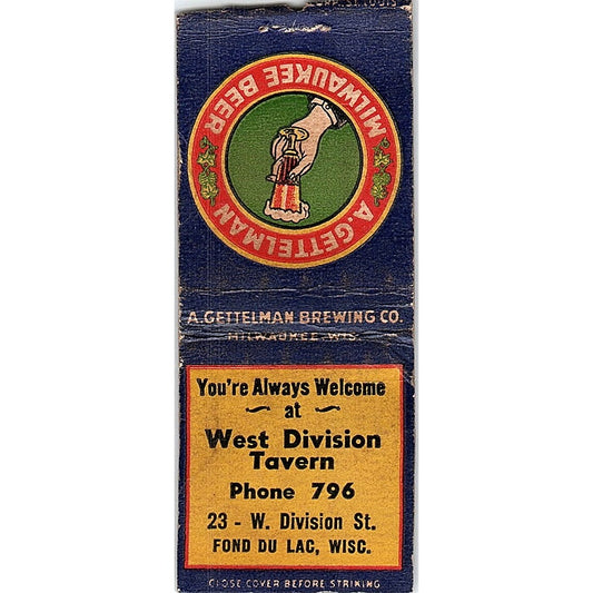 West Division Tavern Fond Du Lac WI Vintage Matchbook Cover SC7-Y5