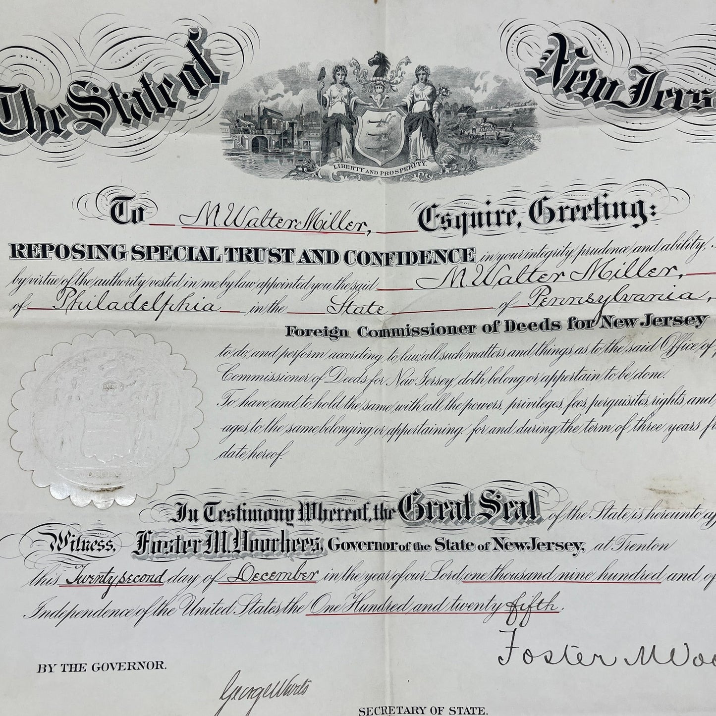 1900 Foreign Commissioner of Deeds for NJ Certificate M. Walter Miller TJ5-E2