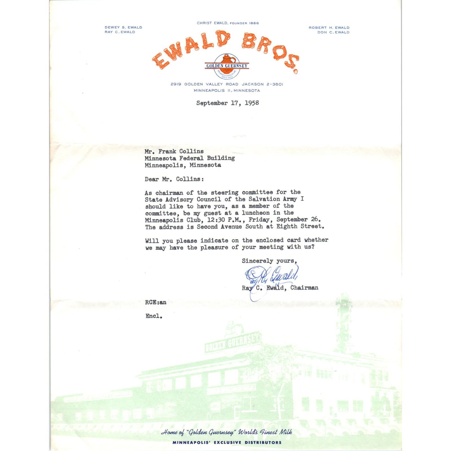 1958 Ewald Bros Golden Guernsey Letterhead Christ Ewald Minneapolis MN D9