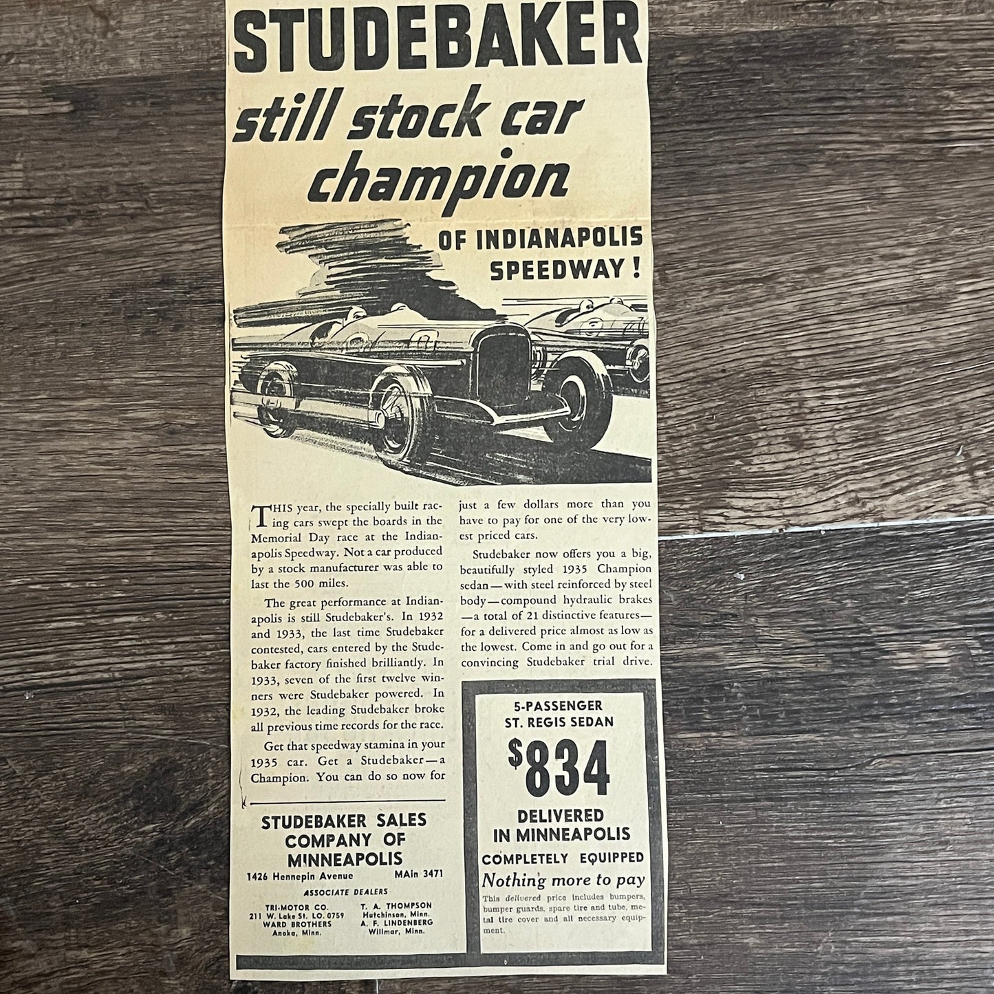 Studebaker Sales Co of Minneapolis Stock Car of Indy 1935 Newspaper Ad V1-9