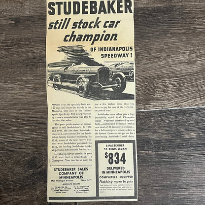 Studebaker Sales Co of Minneapolis Stock Car of Indy 1935 Newspaper Ad V1-9