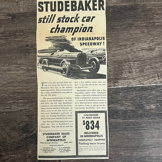 Studebaker Sales Co of Minneapolis Stock Car of Indy 1935 Newspaper Ad V1-9