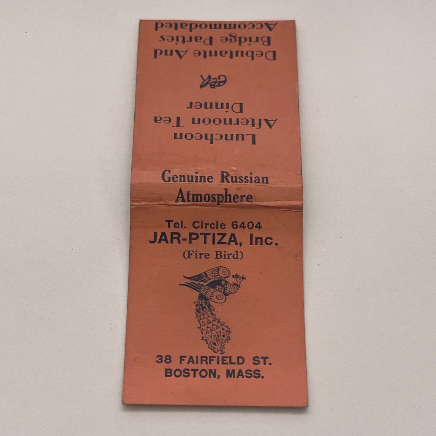 Jar-Ptiza Inc Restaurant Fire Bird Boston MA Vintage Matchbook Cover TB8-MB2-3