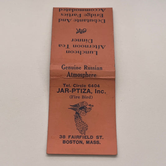Jar-Ptiza Inc Restaurant Fire Bird Boston MA Vintage Matchbook Cover TB8-MB2-3
