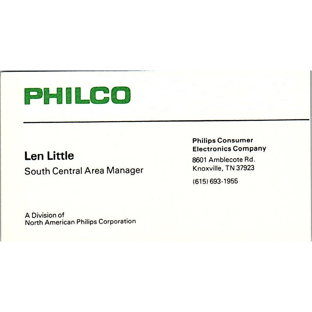 Len Little Philco Phillips Electronics Knoxville TN Vintage Business Card SC9-B8