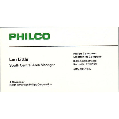 Len Little Philco Phillips Electronics Knoxville TN Vintage Business Card SC9-B8