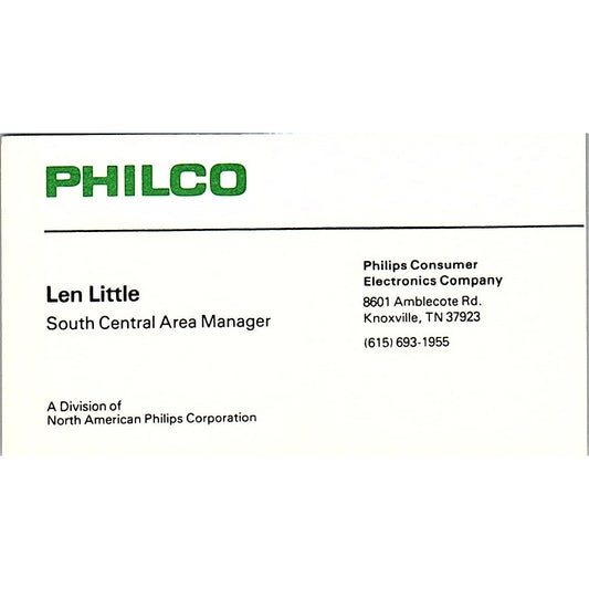 Len Little Philco Phillips Electronics Knoxville TN Vintage Business Card SC9-B8
