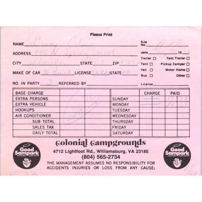 1988 Colonial Campgrounds Williamsburg VA Good Sampark Receipt AD8-R6