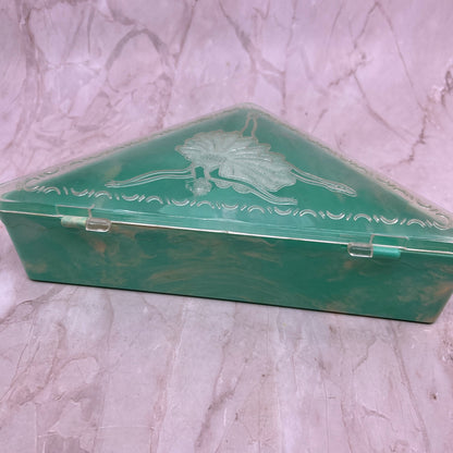 Vintage Hommer Triangular Plastic Hankie Vanity Box Ballerina Teal Celluloid TG8