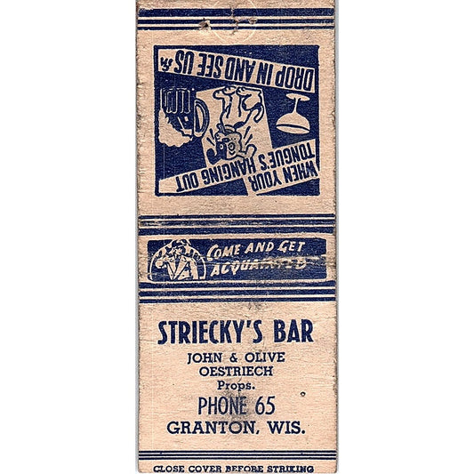 Striecky's Bar John & Olive Oestriech Granton WI Vintage Matchbook Cover SC7-Y6