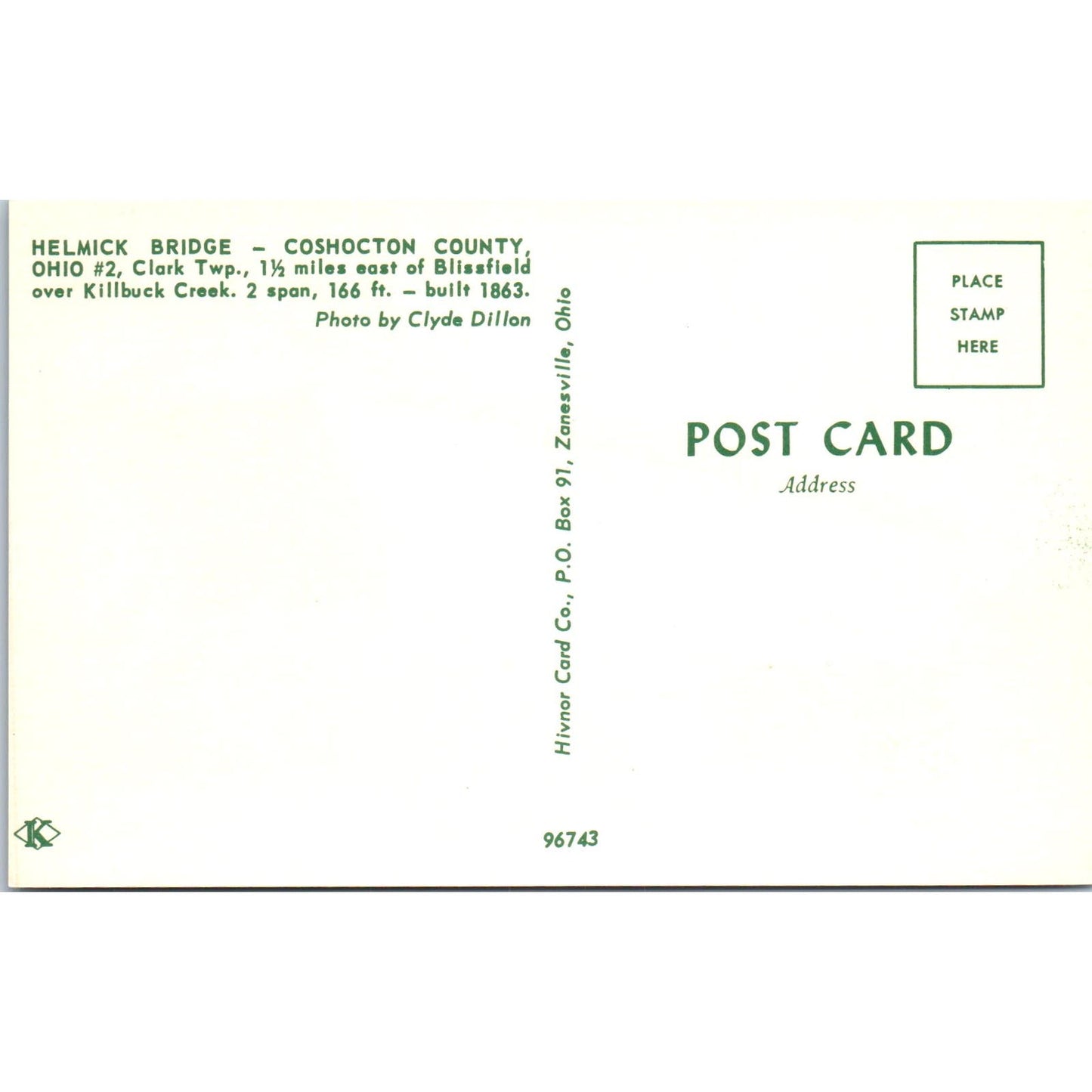 Helmick Bridge Coshocton County Ohio #2 Covered Bridge Postcard PC6