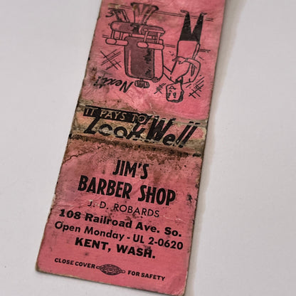 Jim's Barber Shop J.D. Robards Kent WA Vintage Matchbook Cover TB6-MB1-15