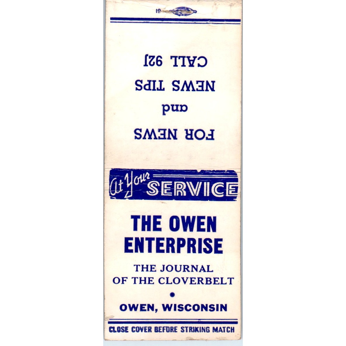 The Owen Enterprise Journal Owen WI Vintage Matchbook Cover SD4-Y3