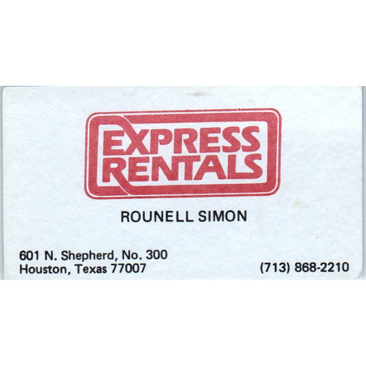 Rounell Simon Express Rentals Houston TX Vintage Business Card SD8-B4