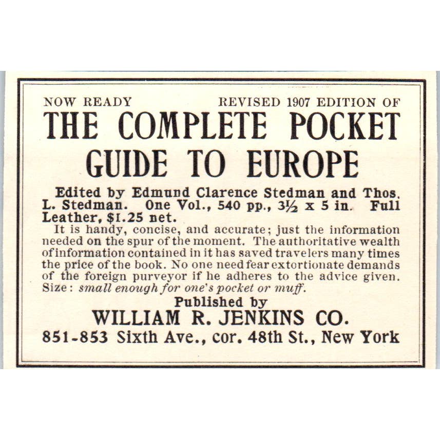 William R. Jenkins Co. NY Pocket Guide to Europe c1905 Victorian Ad AE9-MA9