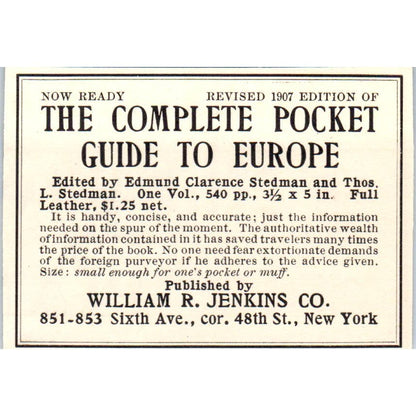 William R. Jenkins Co. NY Pocket Guide to Europe c1905 Victorian Ad AE9-MA9