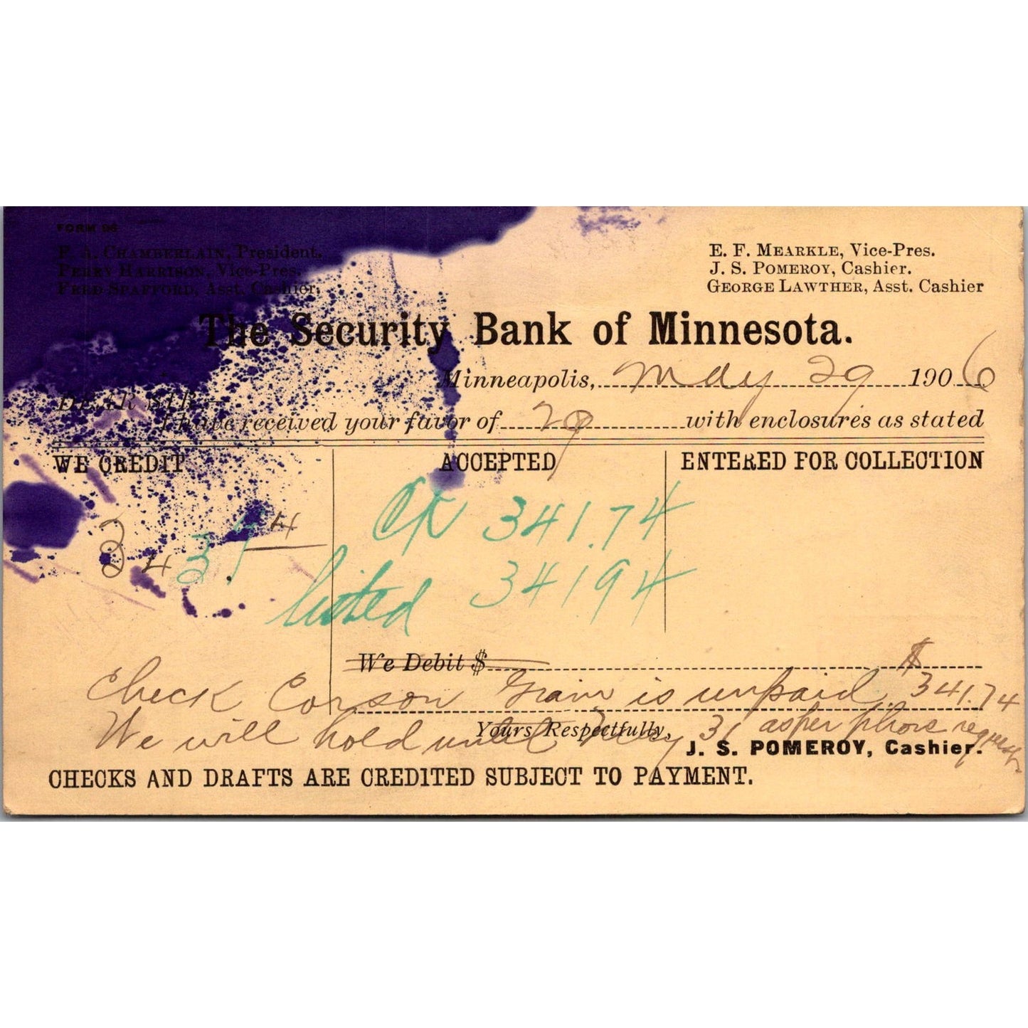 1906 The Security National Bank of Minnesota Postal Mailing Card AJ4-H1