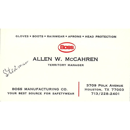 Allen W McCahren Boss Mfg Co Houston Vintage Business Card SC9-B13