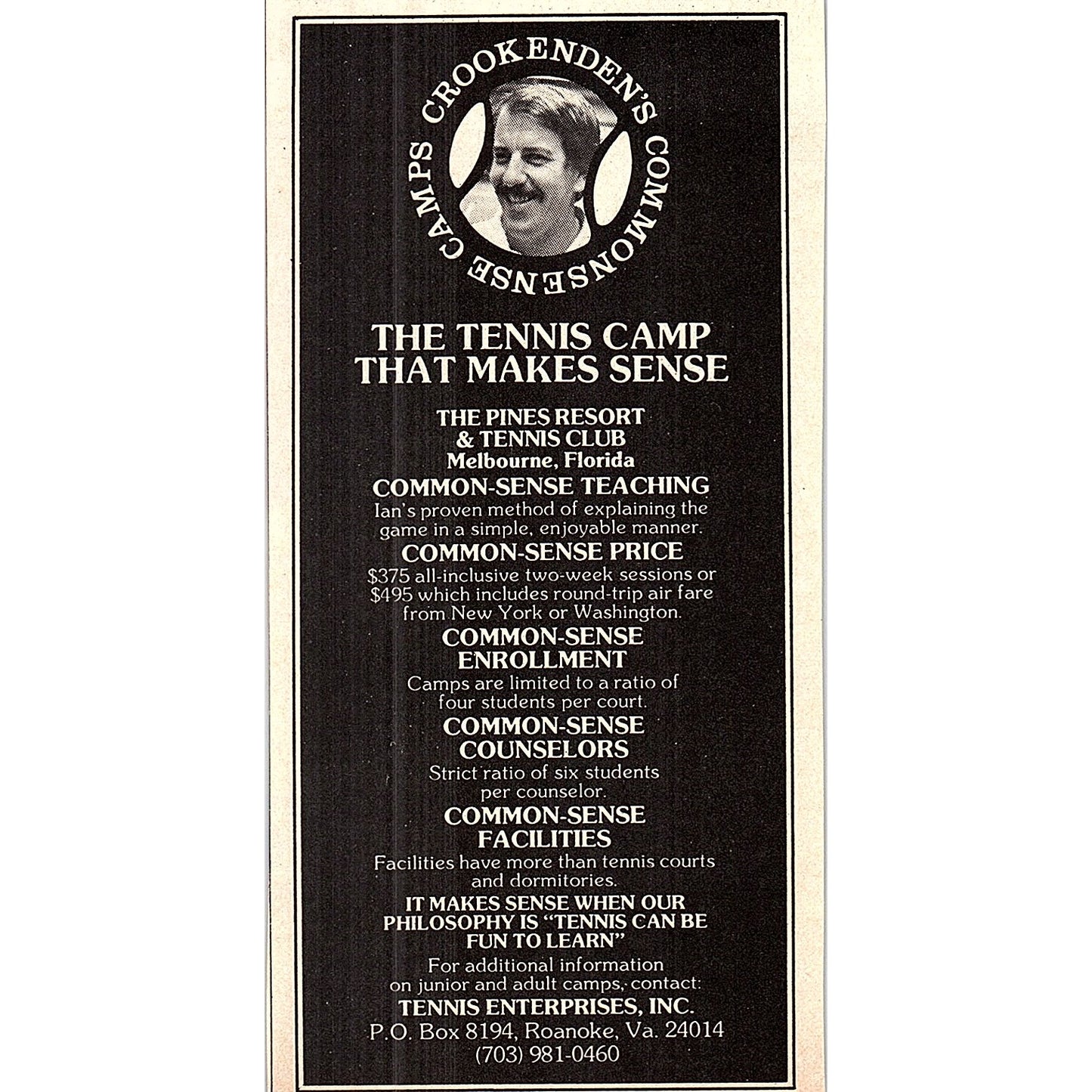 Crook Enden's Commonsense Tennis Camps Roanoke VA 1977 Ad AF3-Q1