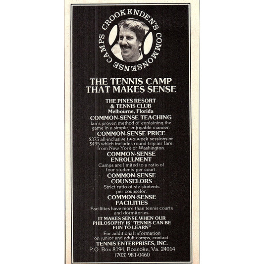 Crook Enden's Commonsense Tennis Camps Roanoke VA 1977 Ad AF3-Q1