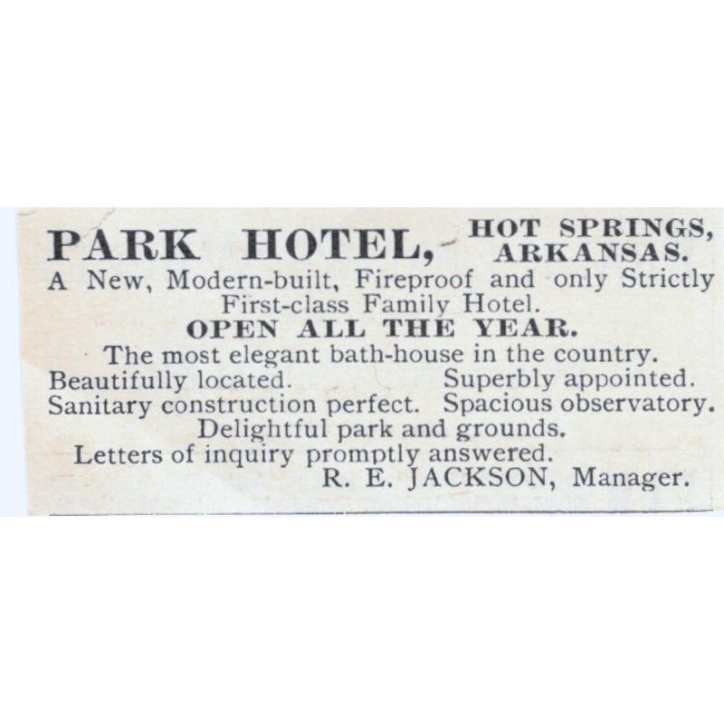 Park Hotel Hot Springs Arkansas R.E. Jackson 1893 Judge Magazine Ad AB9-SB