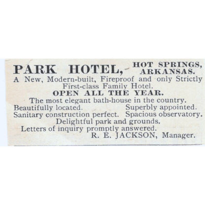 Park Hotel Hot Springs Arkansas R.E. Jackson 1893 Judge Magazine Ad AB9-SB