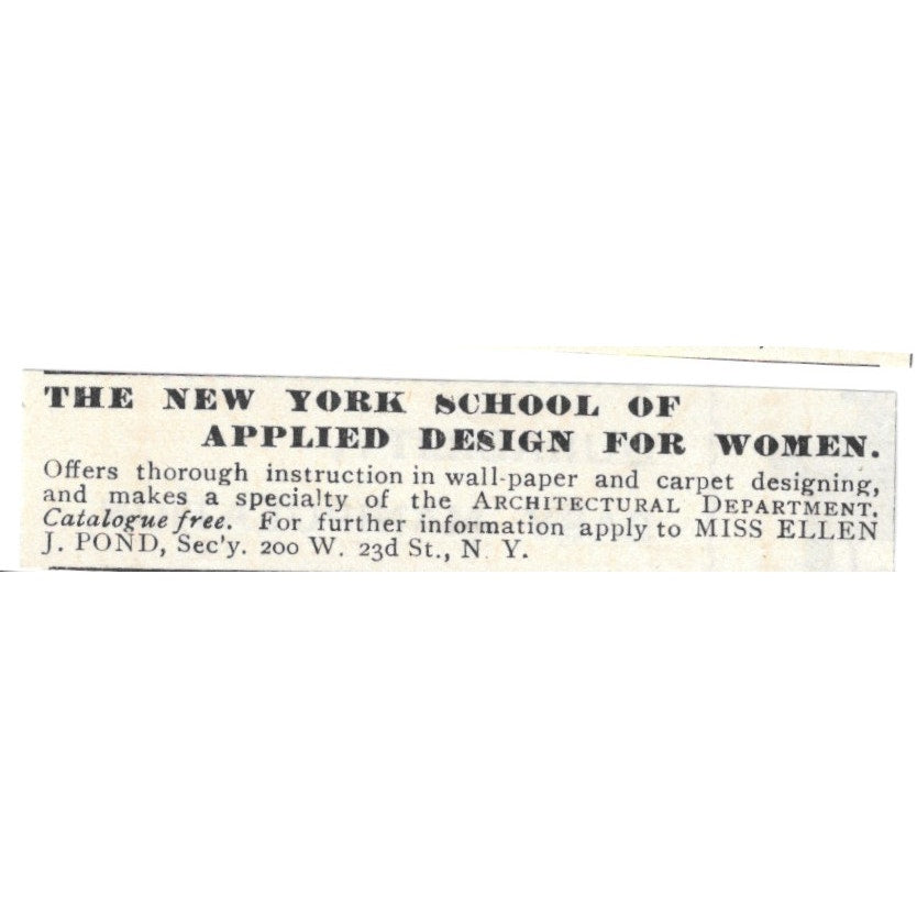 The New York School of Applied Design for Women Ellen J. Pond 1892 Ad AG2-S24