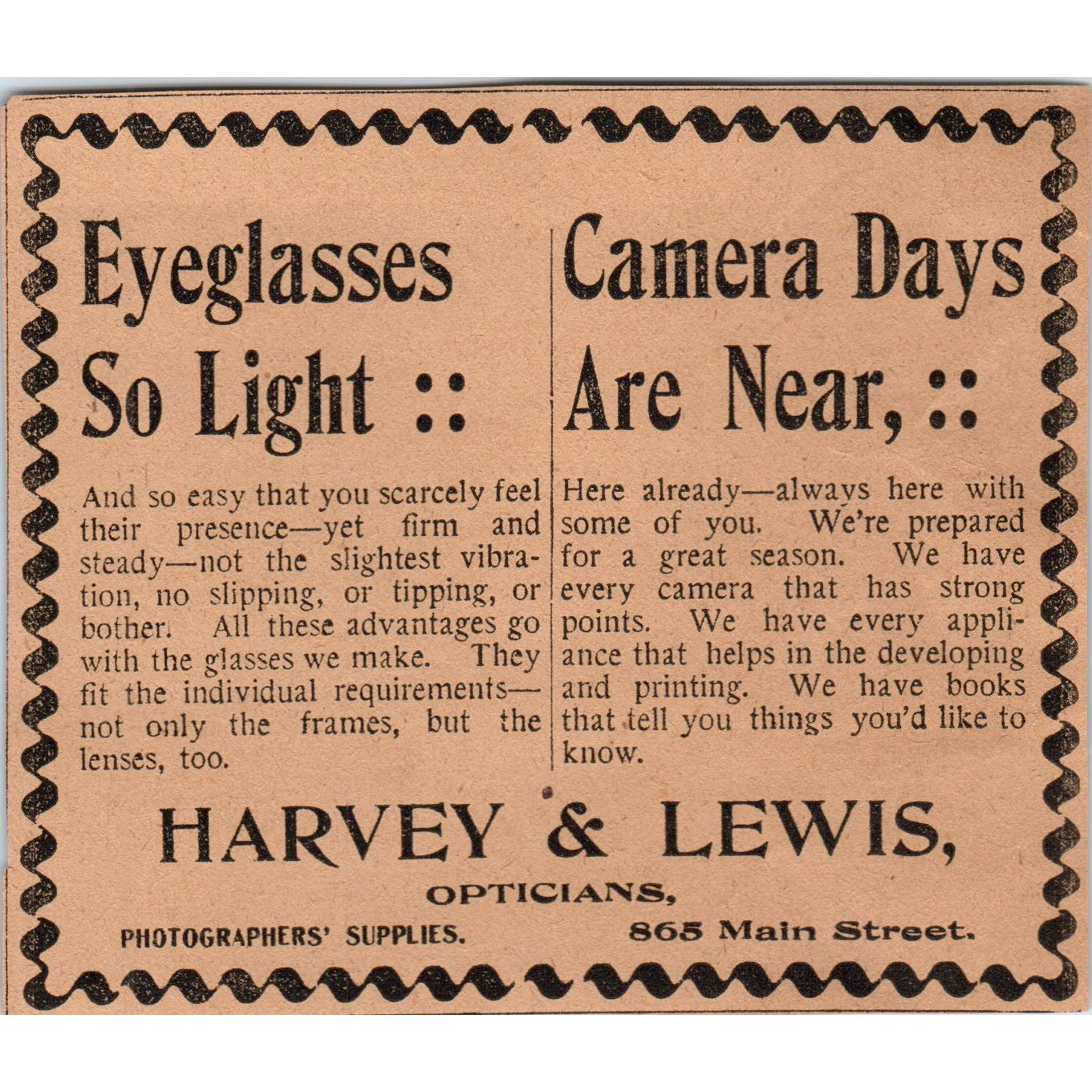 Harvey & Lewis Opticians Photography Supplies Hartford 1901 Newspaper Ad AD8-H2