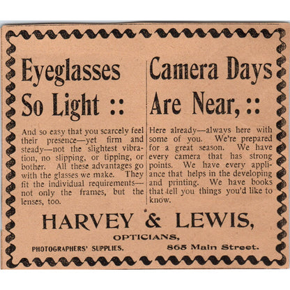Harvey & Lewis Opticians Photography Supplies Hartford 1901 Newspaper Ad AD8-H2