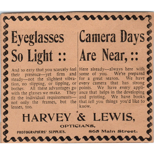 Harvey & Lewis Opticians Photography Supplies Hartford 1901 Newspaper Ad AD8-H2