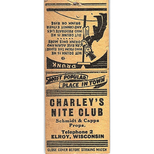 Charley's Nite Club Schmidt & Capps Elroy WI Vintage Matchbook Cover SF3-Y1