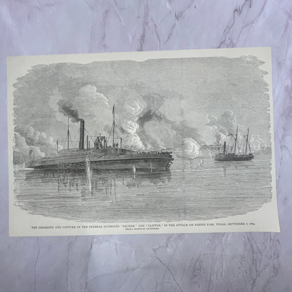 Capture of Gunboats Sachem & Clifton Attack on Sabine Pass 1890s Engraving V14-6