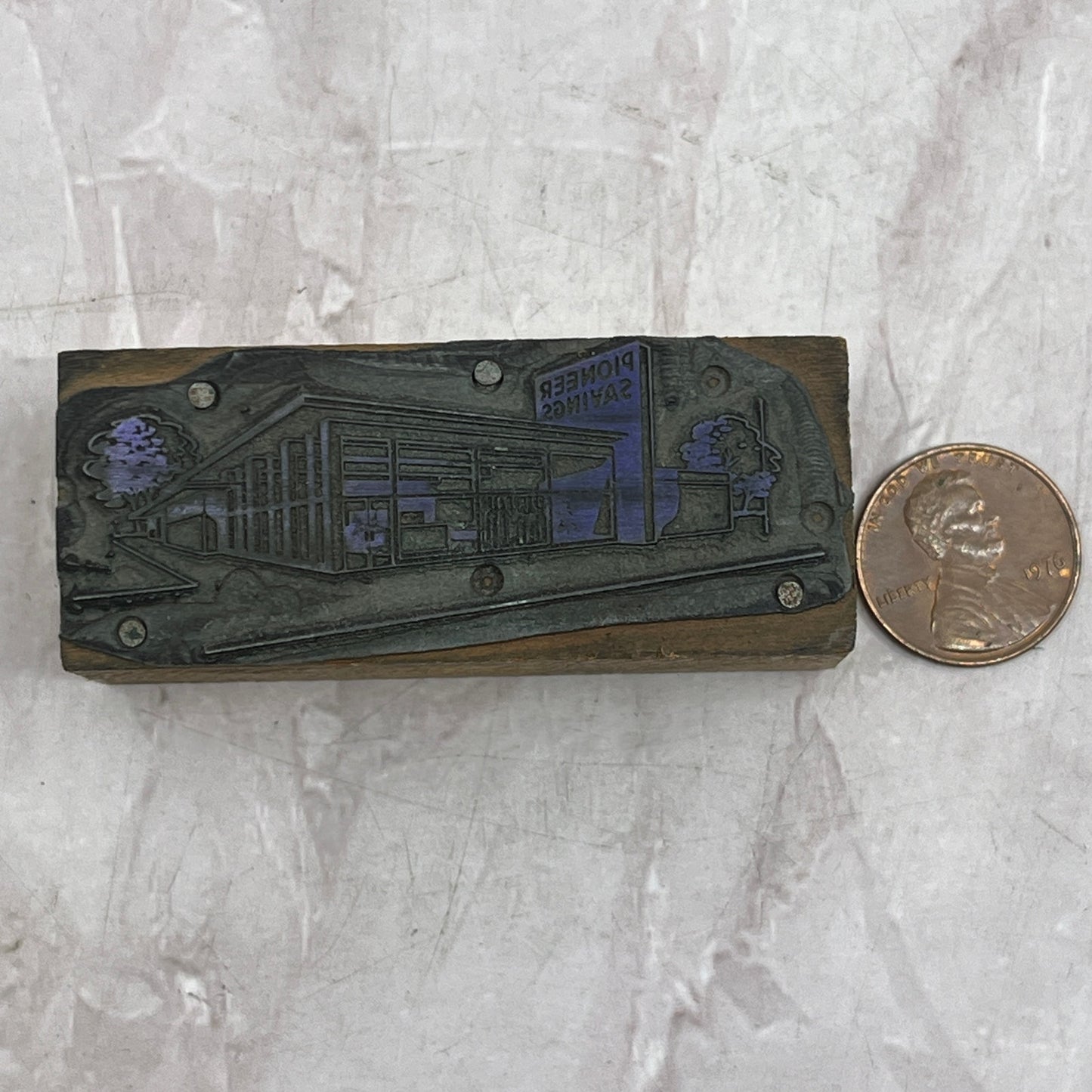 Retro Pioneer Savings Building Vintage Letterpress Printers Block Plate SF5