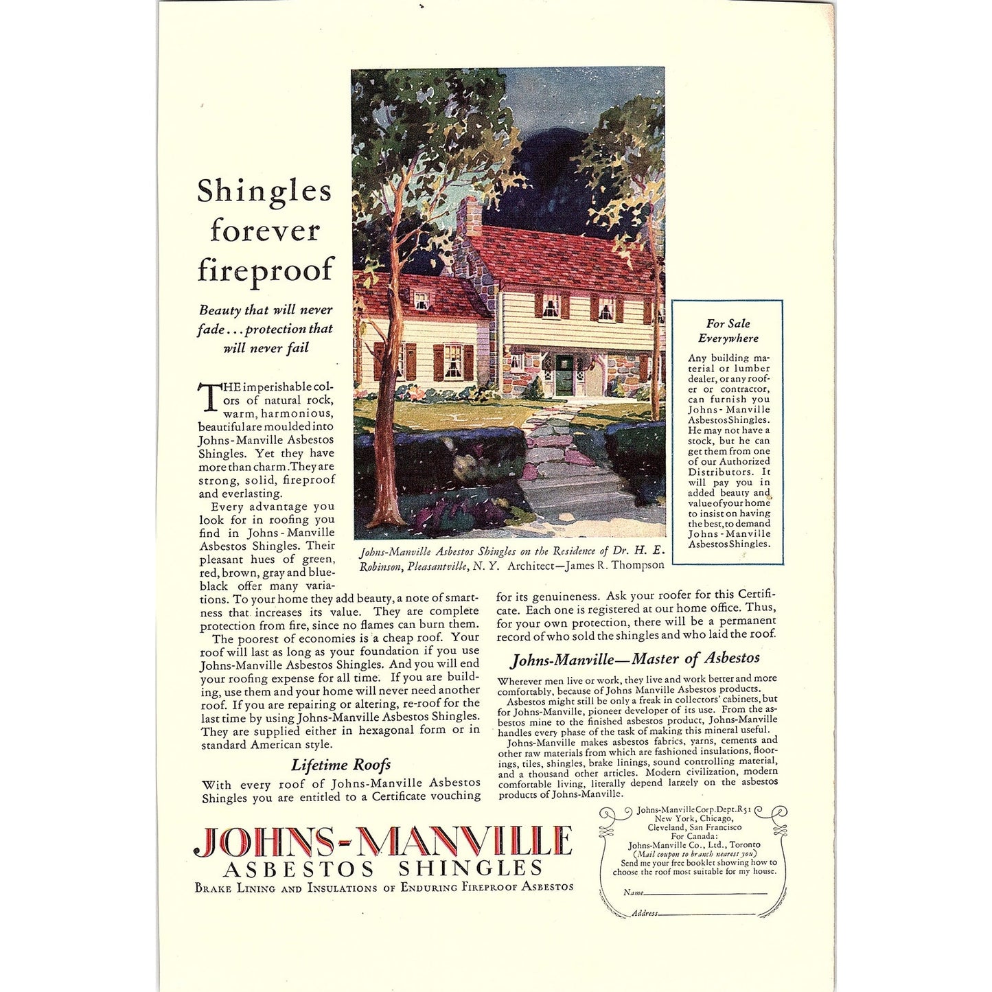 Johns-Manville Asbestos Shingles - Residence of Dr. H.E. Robinson 1926 Ad AG3-7