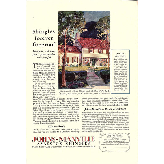 Johns-Manville Asbestos Shingles - Residence of Dr. H.E. Robinson 1926 Ad AG3-7