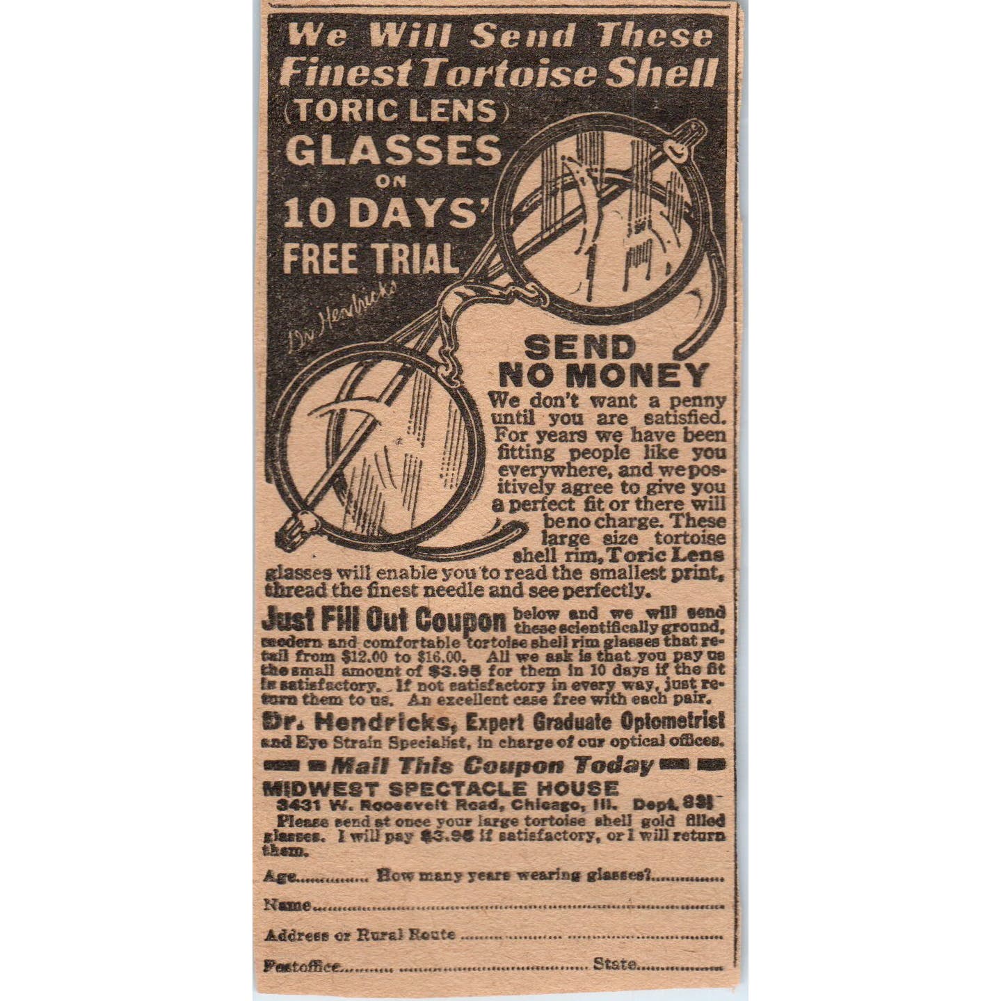 Midwest Spectacle House Tortoise Shell Toric Glasses Magazine Ad Clip AE1-3